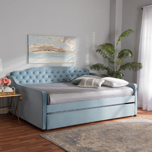 Baxton Studio Baxton Studio Freda Elegant Light Blue Velvet Daybed with Pull-Out Trundle for Stylish Comfort Queen Freda-Light Blue Velvet-Daybed-Q/T