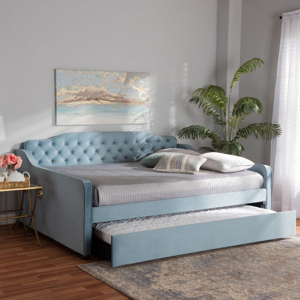 Baxton Studio Baxton Studio Freda Elegant Light Blue Velvet Daybed with Pull-Out Trundle for Stylish Comfort Queen Freda-Light Blue Velvet-Daybed-Q/T