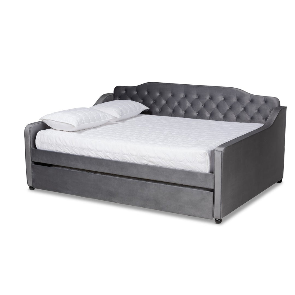 Baxton Studio Baxton Studio Grey Velvet Daybed with Trundle - Elegant Button Tufting & Versatile Comfort Solution Queen Freda-Grey Velvet-Daybed-Q/T