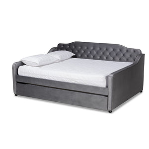 Baxton Studio Baxton Studio Grey Velvet Daybed with Trundle - Elegant Button Tufting & Versatile Comfort Solution Queen Freda-Grey Velvet-Daybed-Q/T