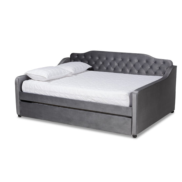 Baxton Studio Baxton Studio Grey Velvet Daybed with Trundle - Elegant Button Tufting & Versatile Comfort Solution Queen Freda-Grey Velvet-Daybed-Q/T