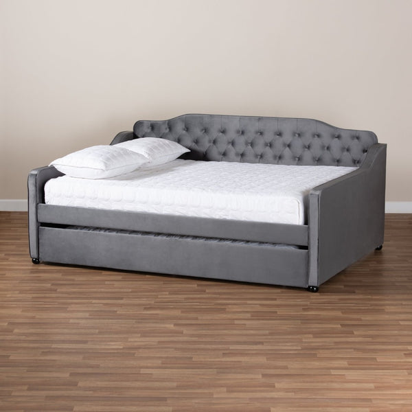 Baxton Studio Baxton Studio Grey Velvet Daybed with Trundle - Elegant Button Tufting & Versatile Comfort Solution Queen Freda-Grey Velvet-Daybed-Q/T