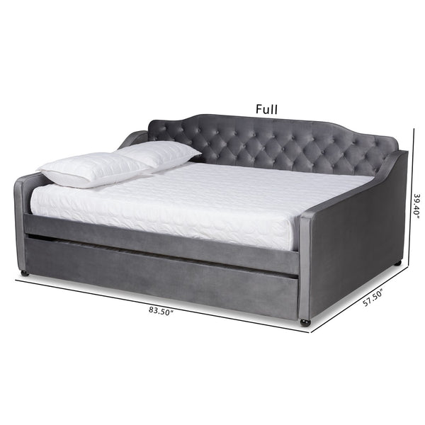 Baxton Studio Baxton Studio Grey Velvet Daybed with Trundle - Elegant Button Tufting & Versatile Comfort Solution Queen Freda-Grey Velvet-Daybed-Q/T