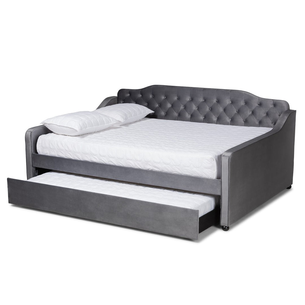 Baxton Studio Baxton Studio Grey Velvet Daybed with Trundle - Elegant Button Tufting & Versatile Comfort Solution Queen Freda-Grey Velvet-Daybed-Q/T