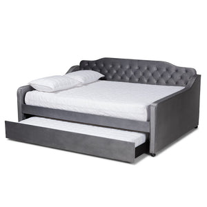 Baxton Studio Baxton Studio Grey Velvet Daybed with Trundle - Elegant Button Tufting & Versatile Comfort Solution Queen Freda-Grey Velvet-Daybed-Q/T