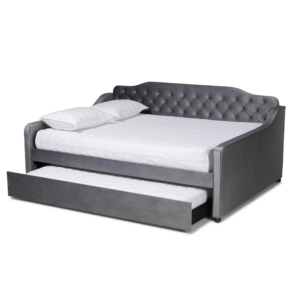 Baxton Studio Baxton Studio Grey Velvet Daybed with Trundle - Elegant Button Tufting & Versatile Comfort Solution Queen Freda-Grey Velvet-Daybed-Q/T