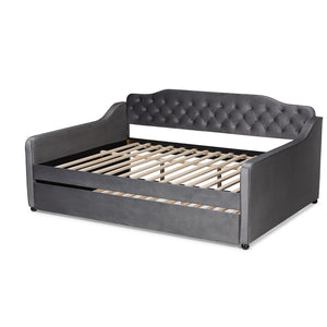 Baxton Studio Baxton Studio Grey Velvet Daybed with Trundle - Elegant Button Tufting & Versatile Comfort Solution Queen Freda-Grey Velvet-Daybed-Q/T