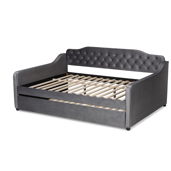Baxton Studio Baxton Studio Grey Velvet Daybed with Trundle - Elegant Button Tufting & Versatile Comfort Solution Queen Freda-Grey Velvet-Daybed-Q/T