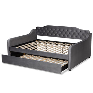 Baxton Studio Baxton Studio Grey Velvet Daybed with Trundle - Elegant Button Tufting & Versatile Comfort Solution Queen Freda-Grey Velvet-Daybed-Q/T