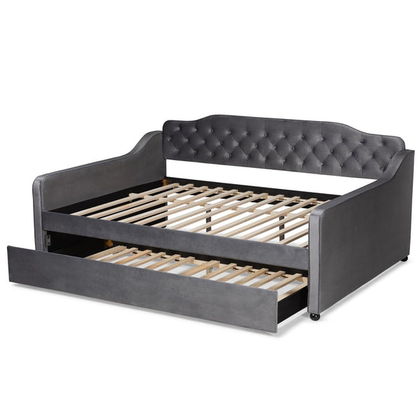 Baxton Studio Baxton Studio Grey Velvet Daybed with Trundle - Elegant Button Tufting & Versatile Comfort Solution Queen Freda-Grey Velvet-Daybed-Q/T