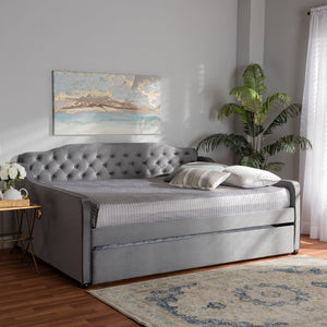 Baxton Studio Baxton Studio Grey Velvet Daybed with Trundle - Elegant Button Tufting & Versatile Comfort Solution Queen Freda-Grey Velvet-Daybed-Q/T