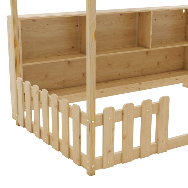 English Elm Twin House Bed with LED Light and Built-In Bookshelf, Solid Wood Playhouse Design for Kids Safety Natural 78.15 L x 15.75 W x 6.1 H W2593P269092