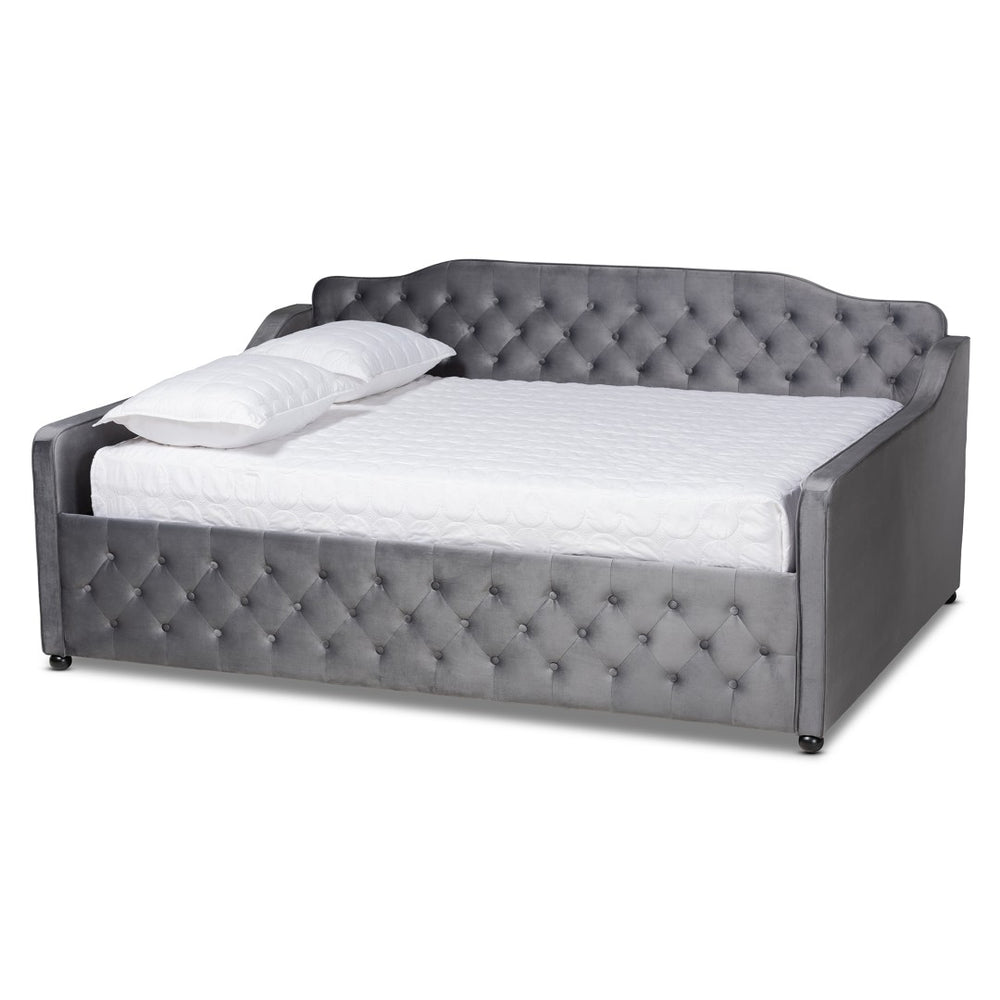 Baxton Studio Baxton Studio Freda Elegant Grey Velvet Daybed with Button Tufting for Stylish Living Spaces Queen Freda-Grey Velvet-Daybed-Queen