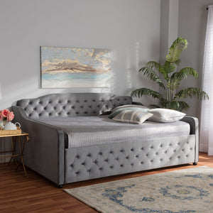 Baxton Studio Baxton Studio Freda Elegant Grey Velvet Daybed with Button Tufting for Stylish Living Spaces Queen Freda-Grey Velvet-Daybed-Queen