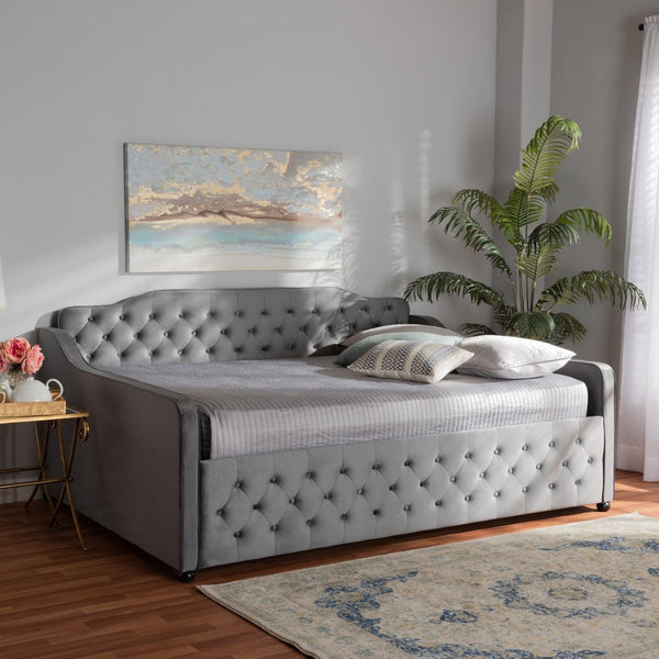 Baxton Studio Baxton Studio Freda Elegant Grey Velvet Daybed with Button Tufting for Stylish Living Spaces Queen Freda-Grey Velvet-Daybed-Queen