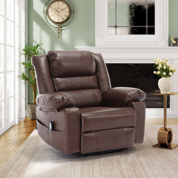 English Elm Breathable Leather Massage Recliner with 8-Point Massage, Heated Lumbar, 4-Zone Relief & Pockets Brown W1403P156677