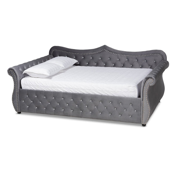 Baxton Studio Baxton Studio Abbie Elegant Grey Velvet Daybed with Crystal Tufting & Trundle for Stylish Comfort Abbie-Grey Velvet-Daybed-Queen