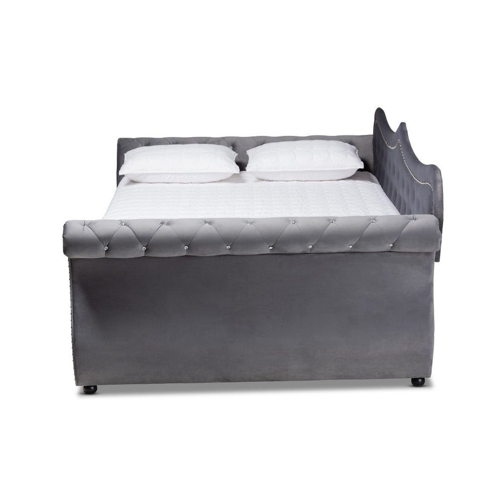 Baxton Studio Baxton Studio Abbie Elegant Grey Velvet Daybed with Crystal Tufting & Trundle for Stylish Comfort Abbie-Grey Velvet-Daybed-Queen
