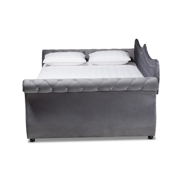 Baxton Studio Baxton Studio Abbie Elegant Grey Velvet Daybed with Crystal Tufting & Trundle for Stylish Comfort Abbie-Grey Velvet-Daybed-Queen