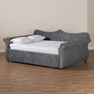 Baxton Studio Baxton Studio Abbie Elegant Grey Velvet Daybed with Crystal Tufting & Trundle for Stylish Comfort Abbie-Grey Velvet-Daybed-Queen