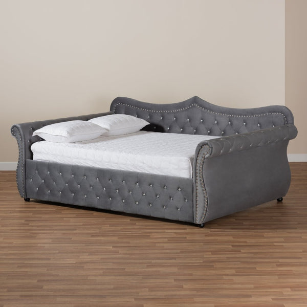 Baxton Studio Baxton Studio Abbie Elegant Grey Velvet Daybed with Crystal Tufting & Trundle for Stylish Comfort Abbie-Grey Velvet-Daybed-Queen