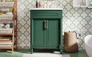 English Elm 24" Bathroom Vanity with Integrated Ceramic Sink and Adjustable Shelf, Vintage Hardware, Space-Saving Design Green N710P277711F
