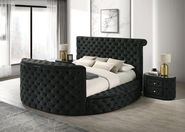 English Elm Luxurious King Size Bed Set With Tufted Black Velvet, Tv Lift, Electric Fireplace & Nightstands B2741S00121