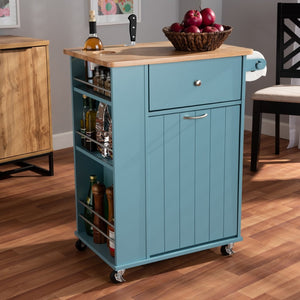 Baxton Studio Baxton Studio Liona Sky Blue Kitchen Cart with Knife Holder, Shelves & Pull-Out Trash Compartment RT599-OCC-Natural/Sky Blue-Cart