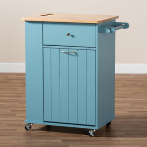Baxton Studio Baxton Studio Liona Sky Blue Kitchen Cart with Knife Holder, Shelves & Pull-Out Trash Compartment RT599-OCC-Natural/Sky Blue-Cart
