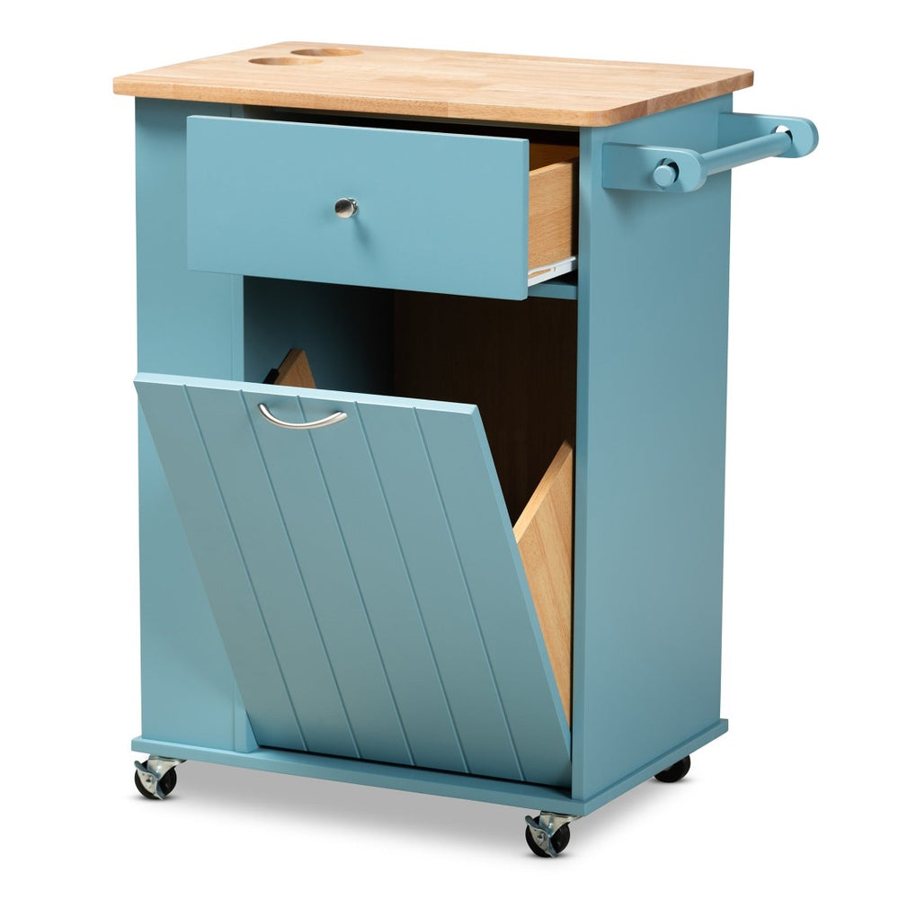 Baxton Studio Baxton Studio Liona Sky Blue Kitchen Cart with Knife Holder, Shelves & Pull-Out Trash Compartment RT599-OCC-Natural/Sky Blue-Cart