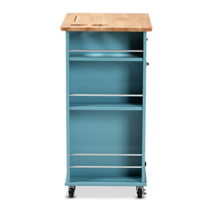 Baxton Studio Baxton Studio Liona Sky Blue Kitchen Cart with Knife Holder, Shelves & Pull-Out Trash Compartment RT599-OCC-Natural/Sky Blue-Cart