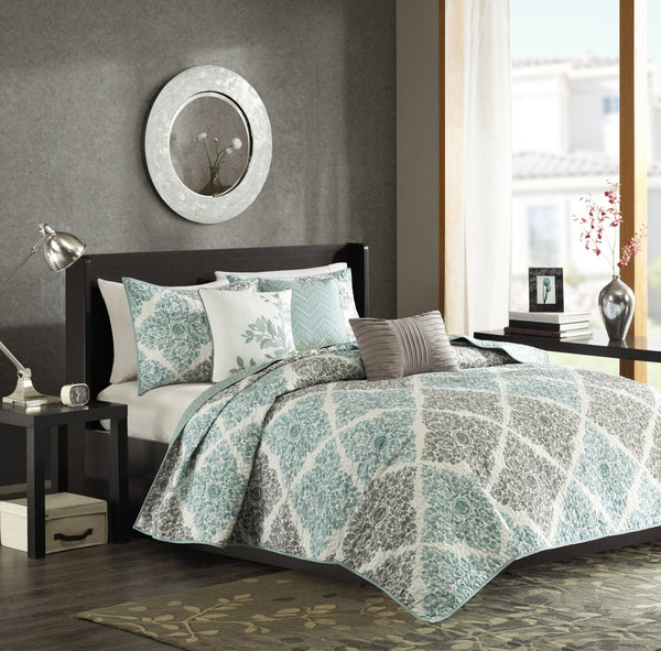 English Elm 6 Piece Printed Quilt Set With Decorative Pillows - Aqua King/Cal King, Elegant And Reversible Design B03597395