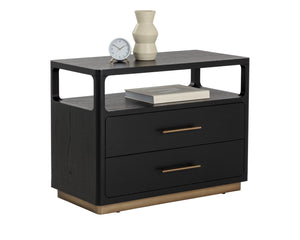 Sunpan Danette Nightstand - Sleek Black Solid Oak Design With Open Shelf & Elegant Brass Hardware Accent Black Wood 111772