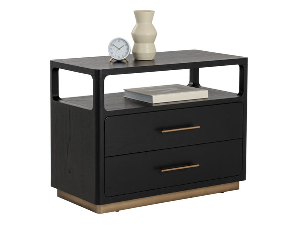 Sunpan Danette Nightstand - Sleek Black Solid Oak Design With Open Shelf & Elegant Brass Hardware Accent Black Wood 111772
