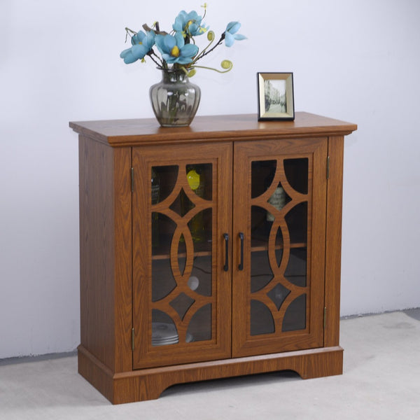 English Elm Elegant Mirrored Sideboard with Butterfly Carved Doors Wood Grain Finish Dining Storage Dark Oak W2899P372743