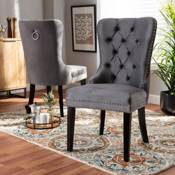 Baxton Studio Baxton Studio Remy Elegant Grey Velvet Dining Chair Set with Tufting & Espresso Oak Legs - 2 Pieces WS-F458-Grey Velvet/Espresso-DC