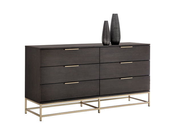 Sunpan Rebel Nine Drawer Oak Veneer Dresser with Brushed Gold Frame for Primary Bedrooms Small 104609