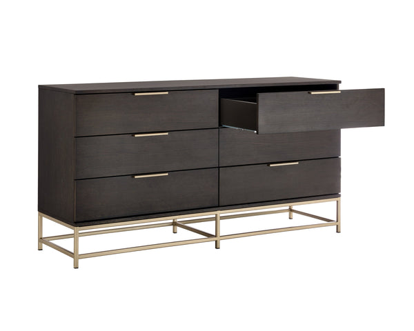 Sunpan Rebel Nine Drawer Oak Veneer Dresser with Brushed Gold Frame for Primary Bedrooms Small 104609