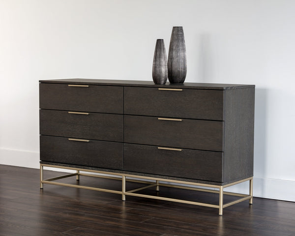 Sunpan Rebel Nine Drawer Oak Veneer Dresser with Brushed Gold Frame for Primary Bedrooms Small 104609