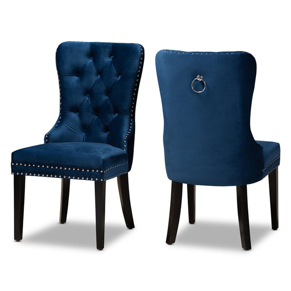 Baxton Studio Baxton Studio Remy Navy Blue Velvet Dining Chairs Set – Elegant Button Tufting & Nailhead Trim Design WS-F458-Navy Blue Velvet/Espresso-DC