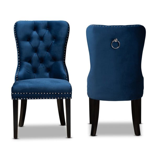 Baxton Studio Baxton Studio Remy Navy Blue Velvet Dining Chairs Set – Elegant Button Tufting & Nailhead Trim Design WS-F458-Navy Blue Velvet/Espresso-DC