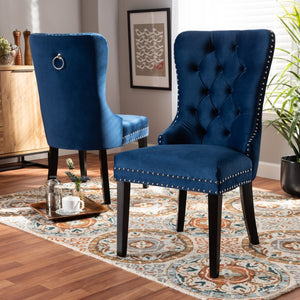 Baxton Studio Baxton Studio Remy Navy Blue Velvet Dining Chairs Set – Elegant Button Tufting & Nailhead Trim Design WS-F458-Navy Blue Velvet/Espresso-DC