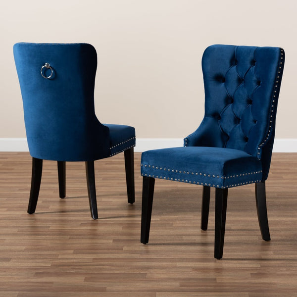 Baxton Studio Baxton Studio Remy Navy Blue Velvet Dining Chairs Set – Elegant Button Tufting & Nailhead Trim Design WS-F458-Navy Blue Velvet/Espresso-DC