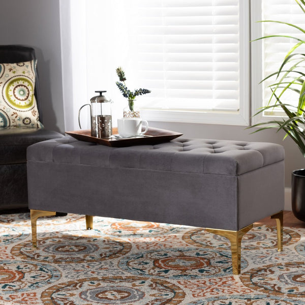 Baxton Studio Baxton Studio Glam Velvet Storage Ottoman with Gold Legs – Chic Tufted Design for Home Organization WS-H68-GD-Grey Velvet/Gold-Otto