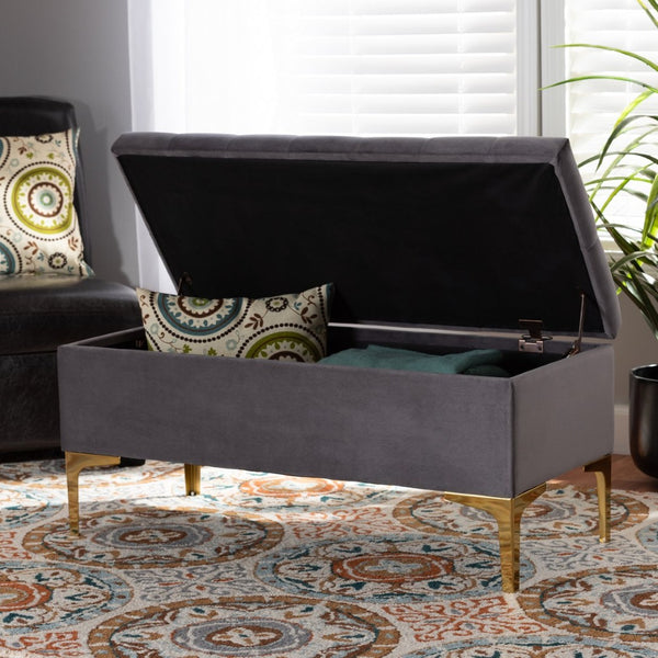 Baxton Studio Baxton Studio Glam Velvet Storage Ottoman with Gold Legs – Chic Tufted Design for Home Organization WS-H68-GD-Grey Velvet/Gold-Otto