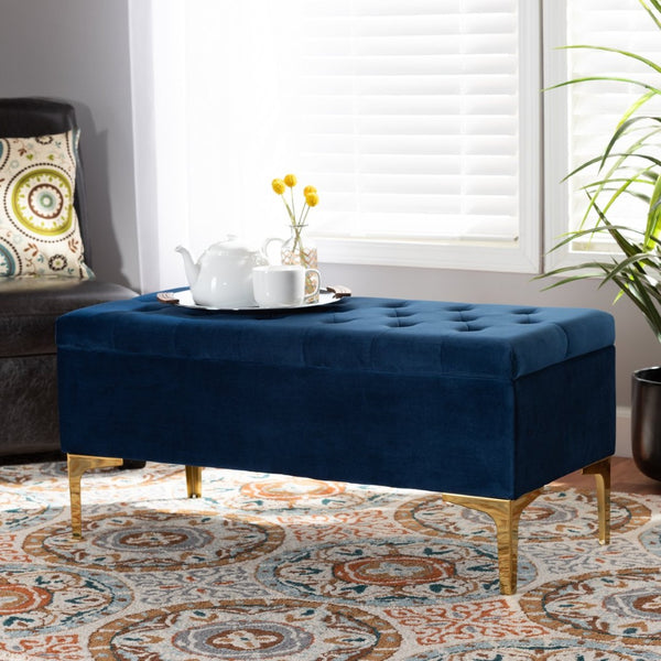 Baxton Studio Baxton Studio Navy Blue Velvet Storage Ottoman with Gold Legs – Luxe Tufted Design & Versatile Use WS-H68-GD-Navy Blue Velvet/Gold-Otto