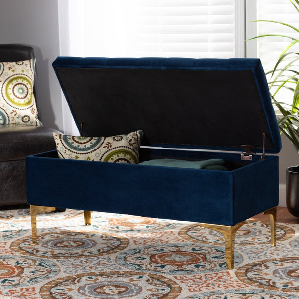 Baxton Studio Baxton Studio Navy Blue Velvet Storage Ottoman with Gold Legs – Luxe Tufted Design & Versatile Use WS-H68-GD-Navy Blue Velvet/Gold-Otto