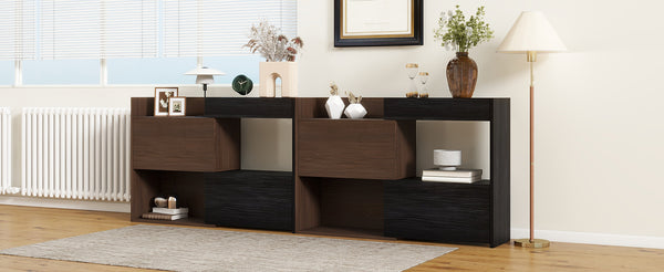 English Elm Set of 2 Extendable Rotating Storage Cabinets 32.5"-58.8" W, Black & Walnut Modern Buffet Sideboard SN845P261744D