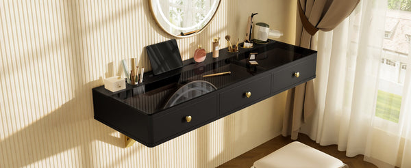 English Elm GO 47" Floating Shelf with Drawer — Sleek Wall-Mounted Vanity Desk, MDF/Iron/Glass, 100lb Capacity WF316977AAB