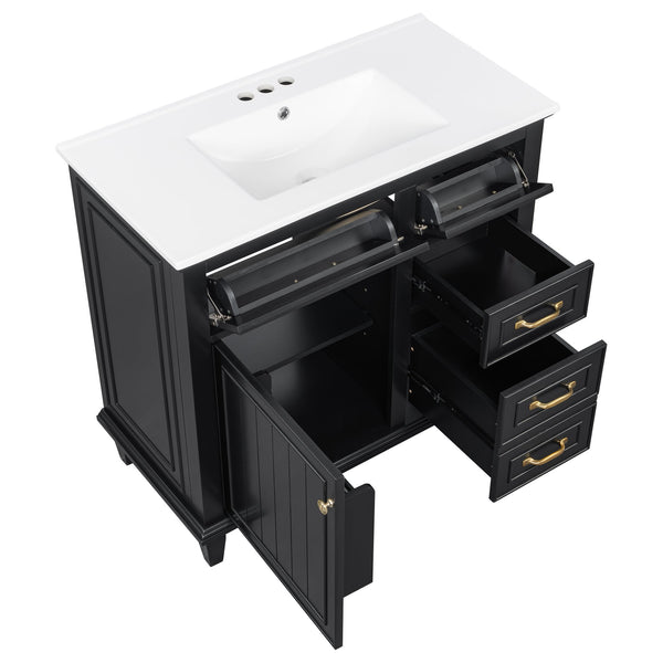 English Elm 36 Inch Bathroom Vanity With Ceramic Sink Top, Solid Wood Frame & Smart Storage Solutions For Style N725P336554B